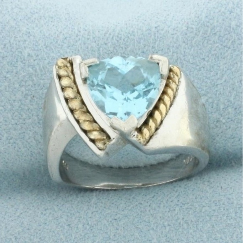 Swiss Blue Topaz Ring 14K Gold Rope Twist & 925 Sterling Silver